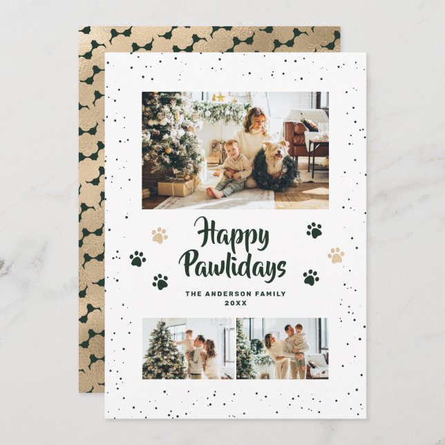 Cartão De Festividades Green Gold Photo Happy Pawlidays Card (Frente/Verso)