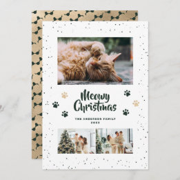 Cartão De Festividades Green Gold Photo Snow Paws Meowy Christmas Card