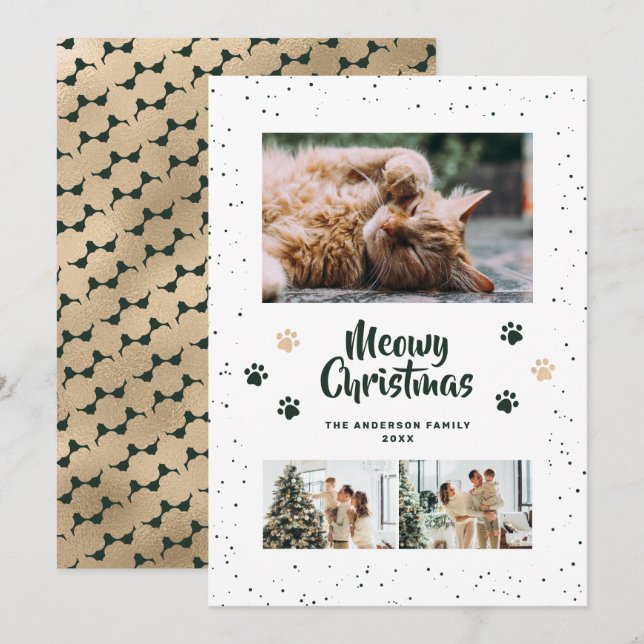 Cartão De Festividades Green Gold Photo Snow Paws Meowy Christmas Card (Frente/Verso)