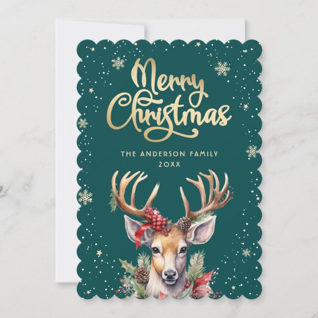 Cartão De Festividades Green Gold Watercolor Reindeer Snow Christmas Card (Frente)