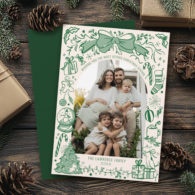 Cartão De Festividades Green Hand Drawn Scribble Bow Arch Photo Christmas (Hand drawn Christmas bow tree green ivory scribbles doodles simple whimsical arch photo holiday card)