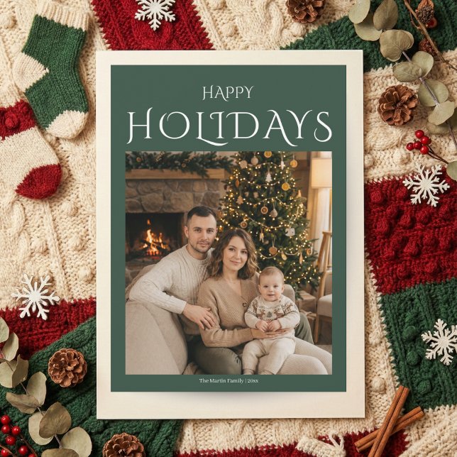 Cartão De Festividades Green Happy Holidays Family Photo Christmas Card (Criador carregado)