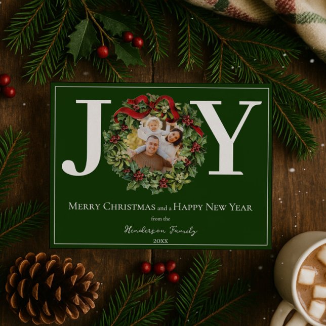 Cartão De Festividades Green Joy Wreath Photo (Green Joy Christmas Wreath Photo Holiday Card)