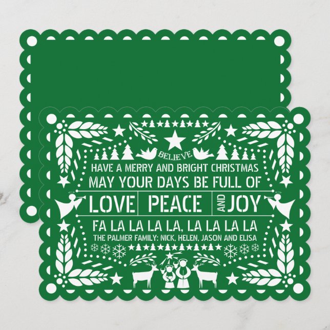 Cartão De Festividades Green Love Peace Joy papel picado Natal (Frente/Verso)