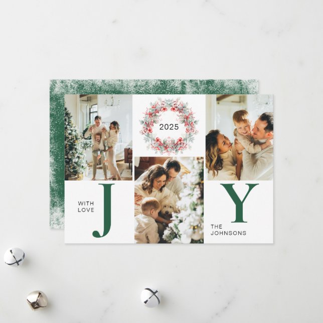 Cartão De Festividades Green Modern Holly Berries 3 Foto de Natal (Frente/Verso In Situ)