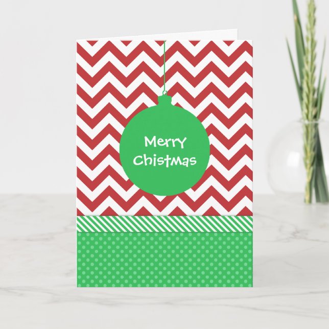 Cartão De Festividades Green Ornament on Red and White Chevron (Frente)
