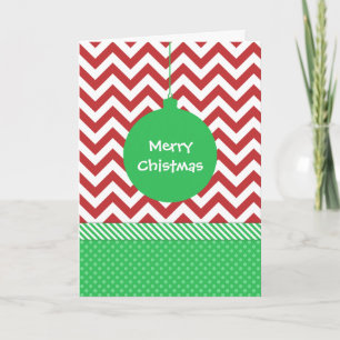 Cartão De Festividades Green Ornament on Red and White Chevron