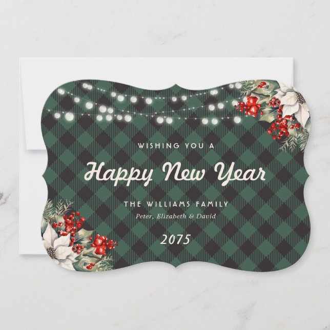 Cartão De Festividades Green Plaid Botanical String Lights New Year Card (Frente)