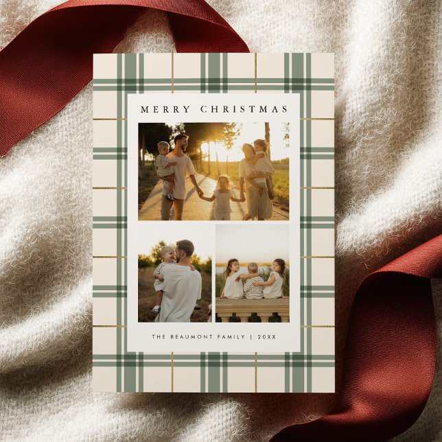 Cartão De Festividades Green Plaid Christmas Card with Photo (Criador carregado)