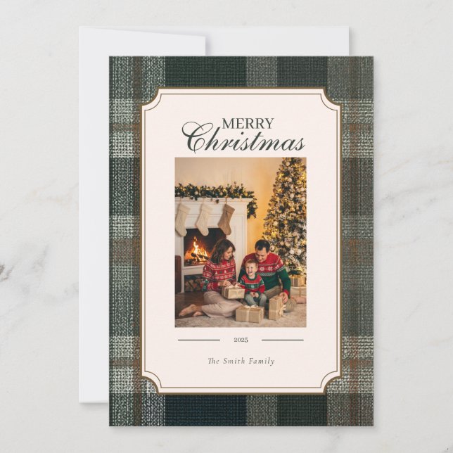 Cartão De Festividades Green Plaid Christmas One Photo Holiday Card (Frente)