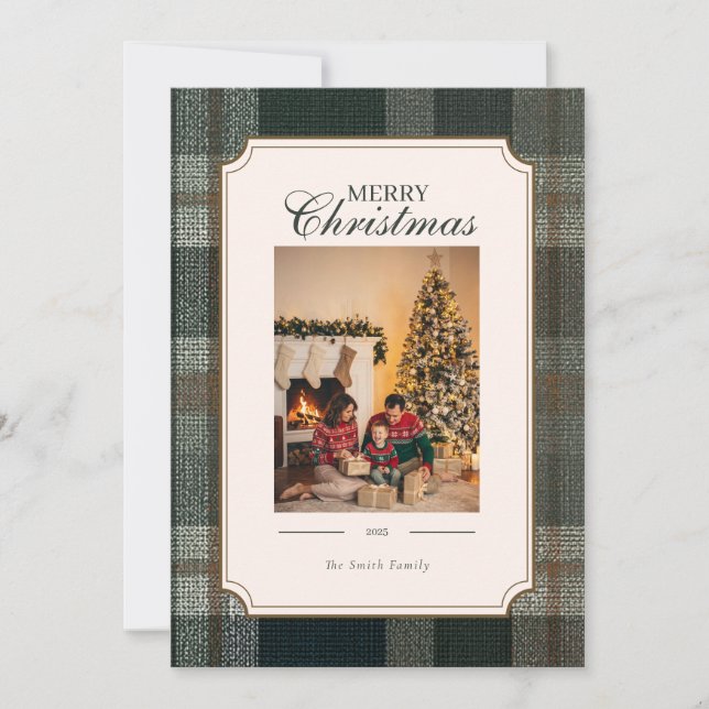 Cartão De Festividades Green Plaid Christmas Three Photo Holiday Card (Frente)