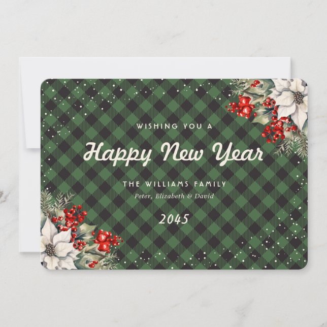 Cartão De Festividades Green Plaid Snow Botanical New Year Card (Frente)