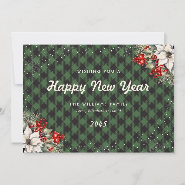 Cartão De Festividades Green Plaid Snowflake Botanical New Year Card (Frente)