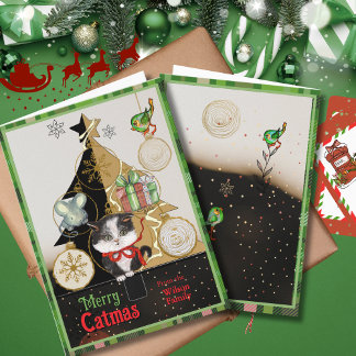 Cartão De Festividades Green Plaid Split-Tree Catmas Card | Cute Kitten