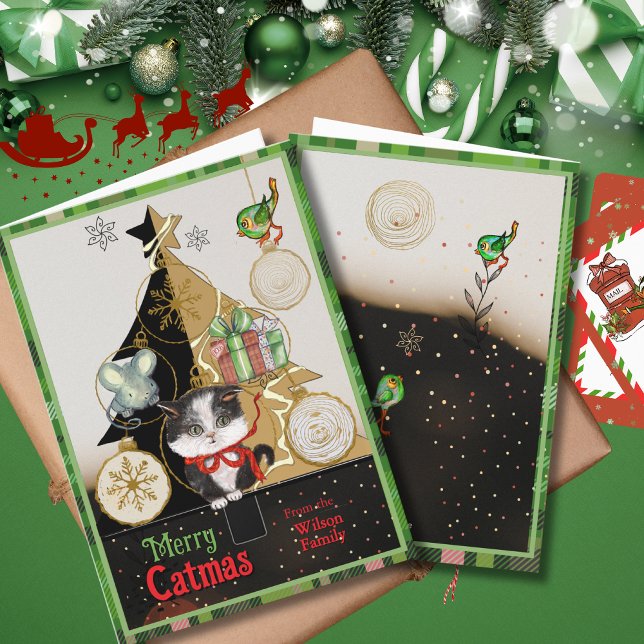 Cartão De Festividades Green Plaid Split-Tree Catmas Card | Cute Kitten  (Green Plaid Split-Tree Catmas Card  Cute Kitten )