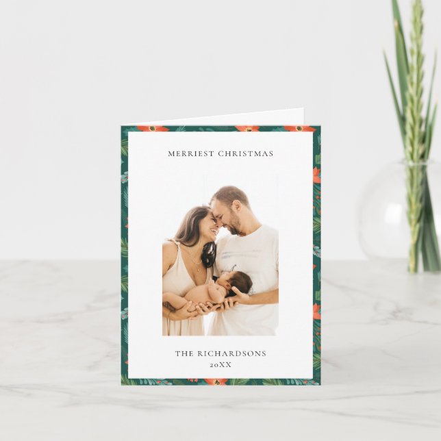 Cartão De Festividades Green Poinsettia Merriest Natal - Foto (Frente)