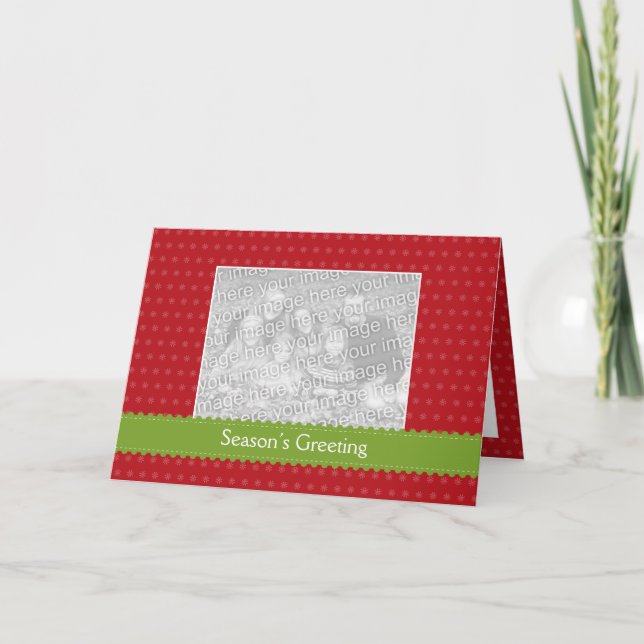 Cartão De Festividades Green ribbon red photo Christmas holiday greeting (Frente)