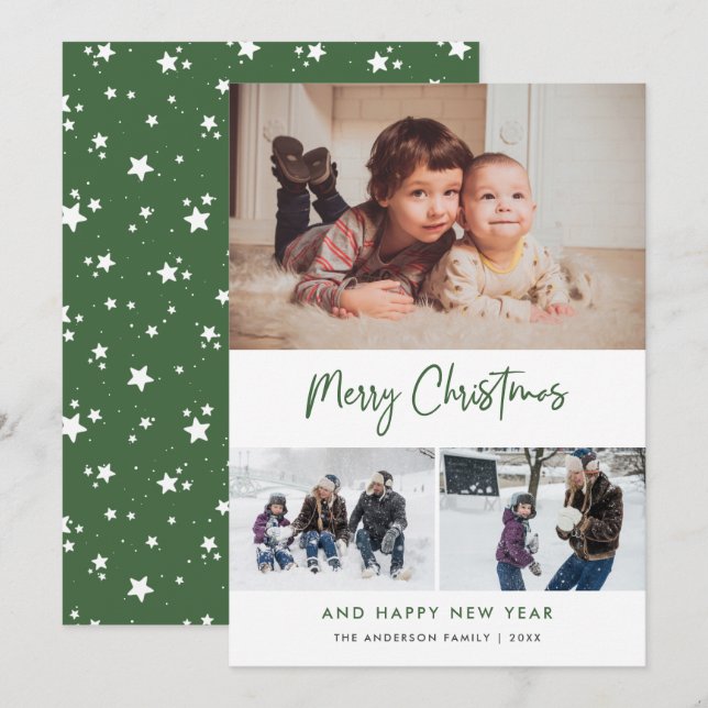 Cartão De Festividades Green Script Stars Christmas 3 Photo Collage (Frente/Verso)