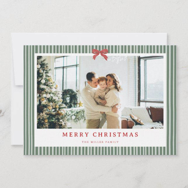 Cartão De Festividades Green Stripe Red Bow Christmas Photo Holiday Card  (Frente)