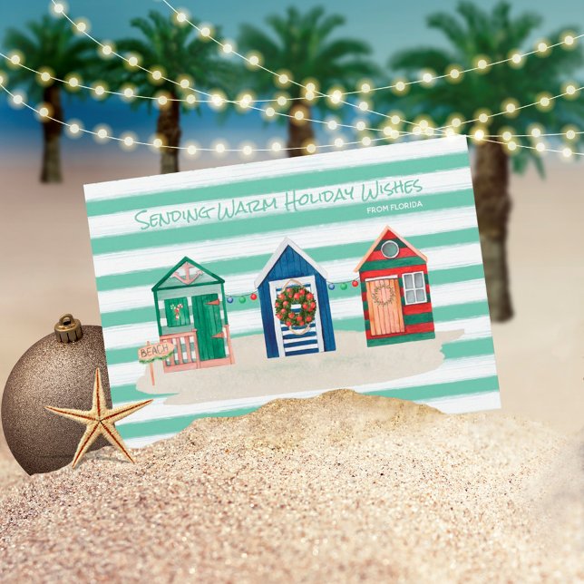 Cartão De Festividades Green Stripes Beach Warm Wish Beach Huts Holiday (Criador carregado)