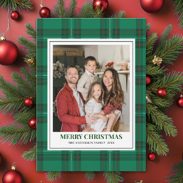 Cartão De Festividades Green Tartan Plaid with Christmas Family Photo
