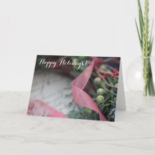 Cartão De Festividades Green wreath with berries, ribbon