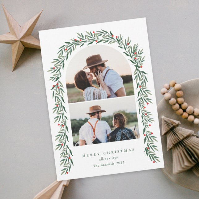 Cartão De Festividades Greenery Arch Modern Script 2 Foto Natal (Criador carregado)