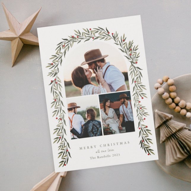 Cartão De Festividades Greenery Arch Modern Script 3 Foto Natal (Elegant greenery arch 3 photo christmas holiday cards.)