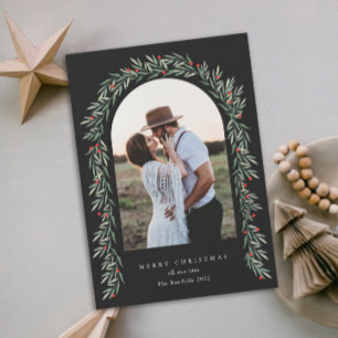 Cartão De Festividades Greenery Arch Modern Script Foto de Natal