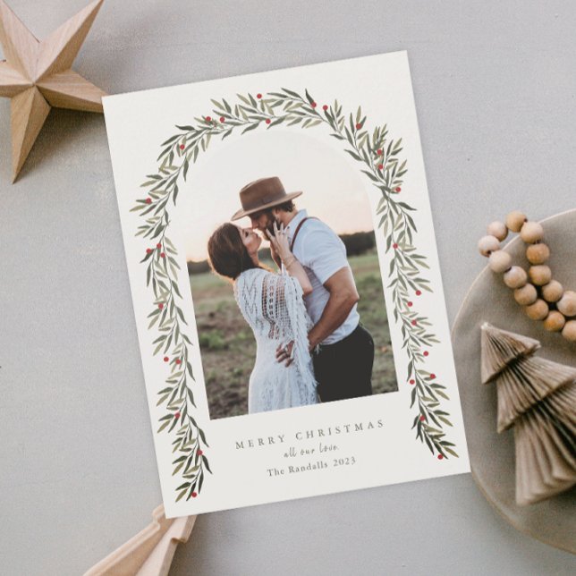 Cartão De Festividades Greenery Arch Modern Script Foto de Natal (Criador carregado)