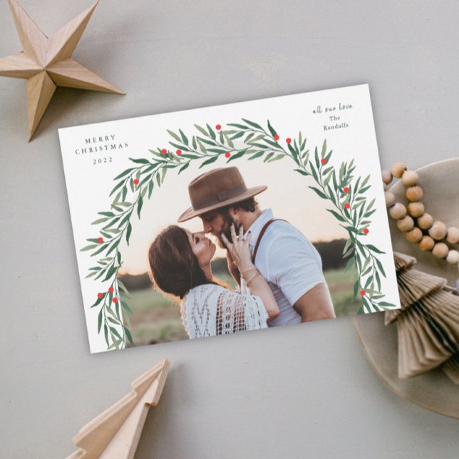 Cartão De Festividades Greenery Arch Modern Script Foto de Natal (Criador carregado)