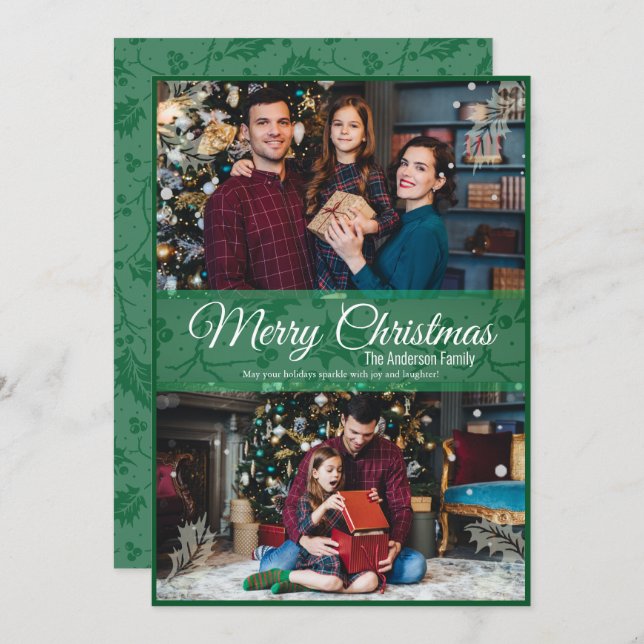 Cartão De Festividades Greenery Christmas Holly Leaf Green Frame 2 Foto (Frente/Verso)