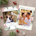 Cartão De Festividades Greenery Dourado Natal Holly Berries 2 Foto<br><div class="desc">Cartão de Natal Dourado Holly Berries 2 Photo Holiday,  Greenerase</div>