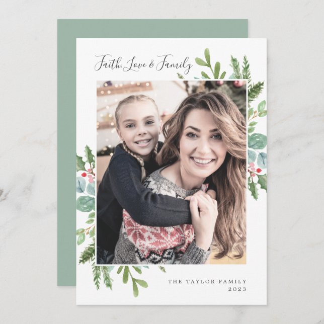 Cartão De Festividades Greenery Faith Love and Family Photo (Frente/Verso)