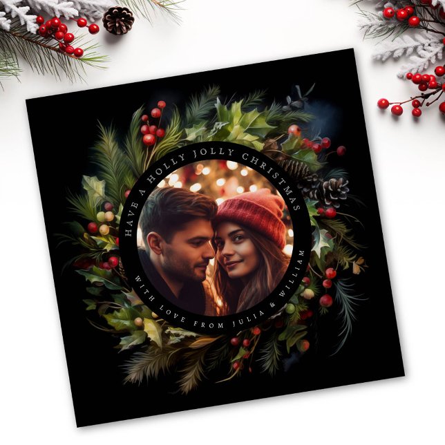 Cartão De Festividades Greenery, foto de natal botânico, praça preta (Criador carregado)