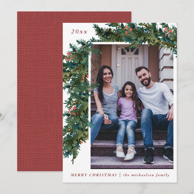 Cartão De Festividades Greenery Garland Red Burlap Veja Feriado em Foto (Frente/Verso)