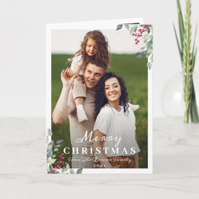 Cartão De Festividades Greenery Holly Berries 2 Foto Feliz Natal (Frente)