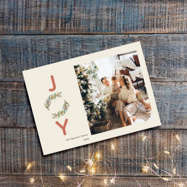 Cartão De Festividades Greenery Joy Christmas Wreath Botanical Photo (Criador carregado)