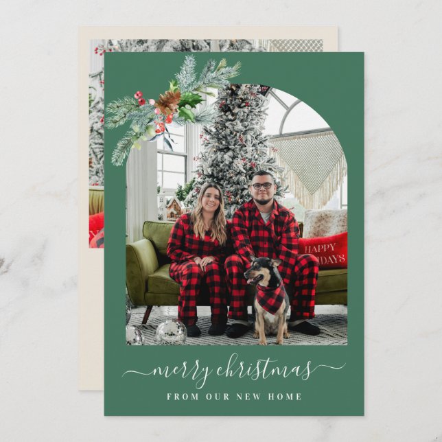 Cartão De Festividades Greenery merry christmas photo moving announcement (Frente/Verso)
