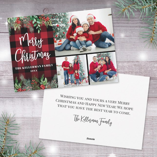 Cartão De Festividades Greenery Red Xadrez Foto Feliz Natal (Greenery Red Plaid Photo Merry Christmas Holiday Card)