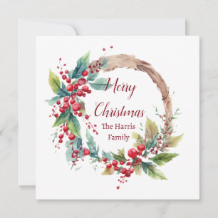Cartão De Festividades Grinalda de azevinho em aquarela Natal personaliza