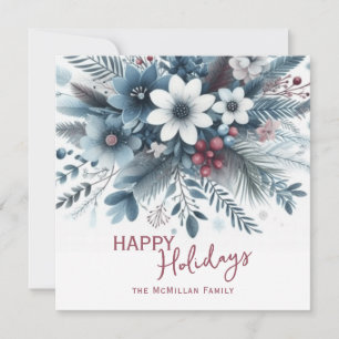 Cartão De Festividades Grinalda de Férias Floral Azul Escuro Clássico com
