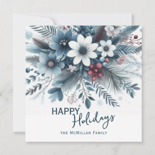 Cartão De Festividades Grinalda de Férias Floral Azul Escuro Clássico com
