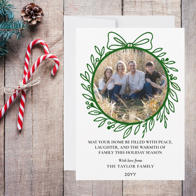 Cartão De Festividades Grinalda de Natal com Arco Desenhado à Mão em Verd (Elegant Green Hand Drawn Bow Wreath Christmas Holiday Card
)