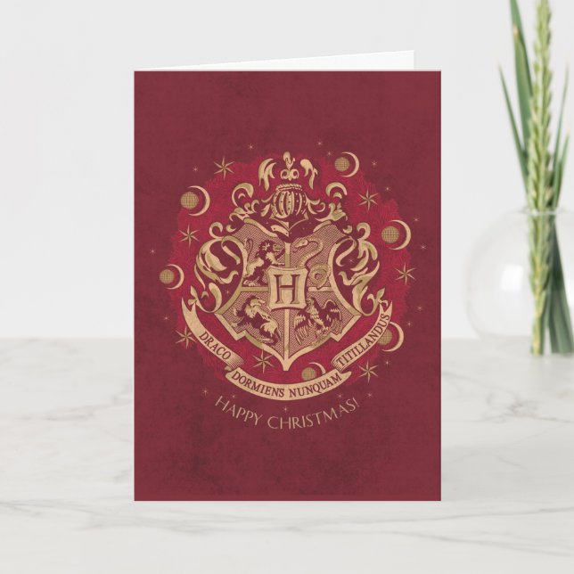 Cartão De Festividades Grinalda de Natal com Brasão da HOGWARTS™ Vermelha (Frente)
