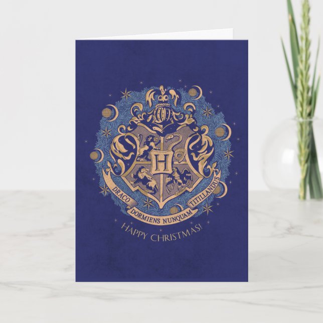 Cartão De Festividades Grinalda de Natal com Brasão de HOGWARTS™ Azul (Frente)