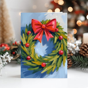 Cartão De Festividades Grinalda de Natal com Laço Vermelho Aquarela