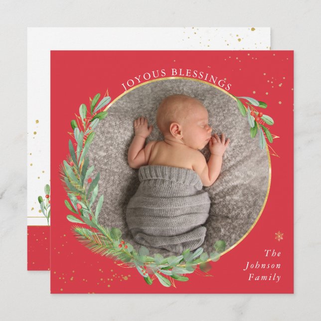 Cartão De Festividades Grinalda de Natal em Aquarela com Bênçãos Alegres (Frente/Verso)