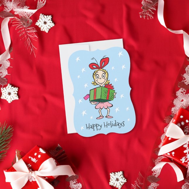 Cartão De Festividades Grinch | Cindy-Lou Quem - Segurando Presente (Card on table)
