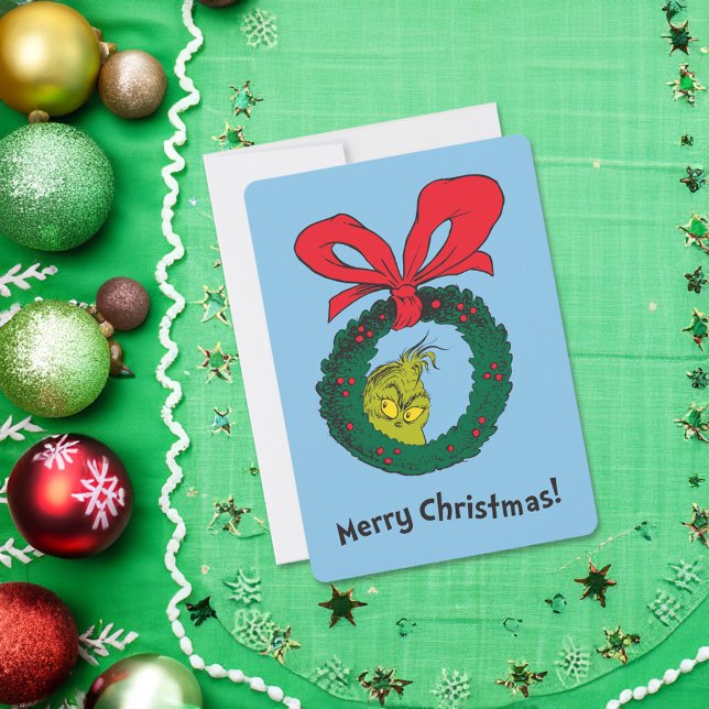 Cartão De Festividades Grinch Clássico | Coroa de Natal (Card on table)